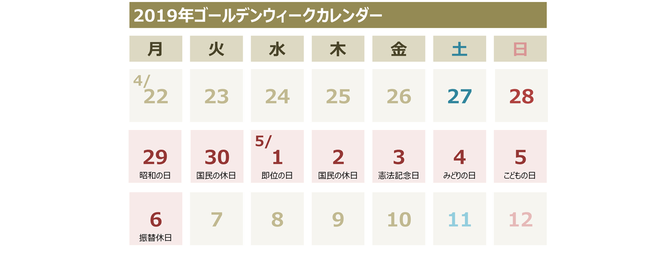 2019年ゴールデンウィークカレンダー