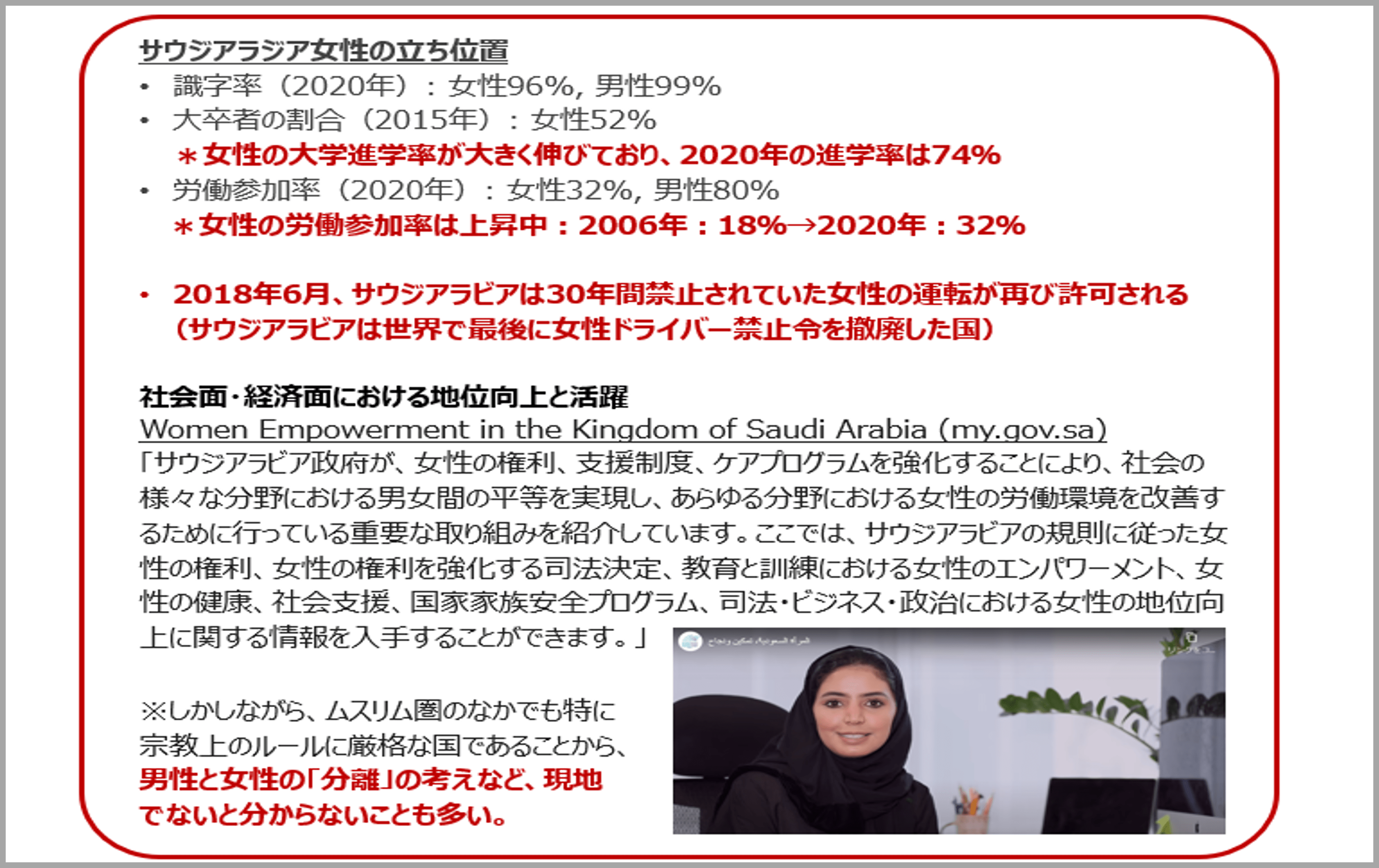 サウジアラビア女性の立ち位置