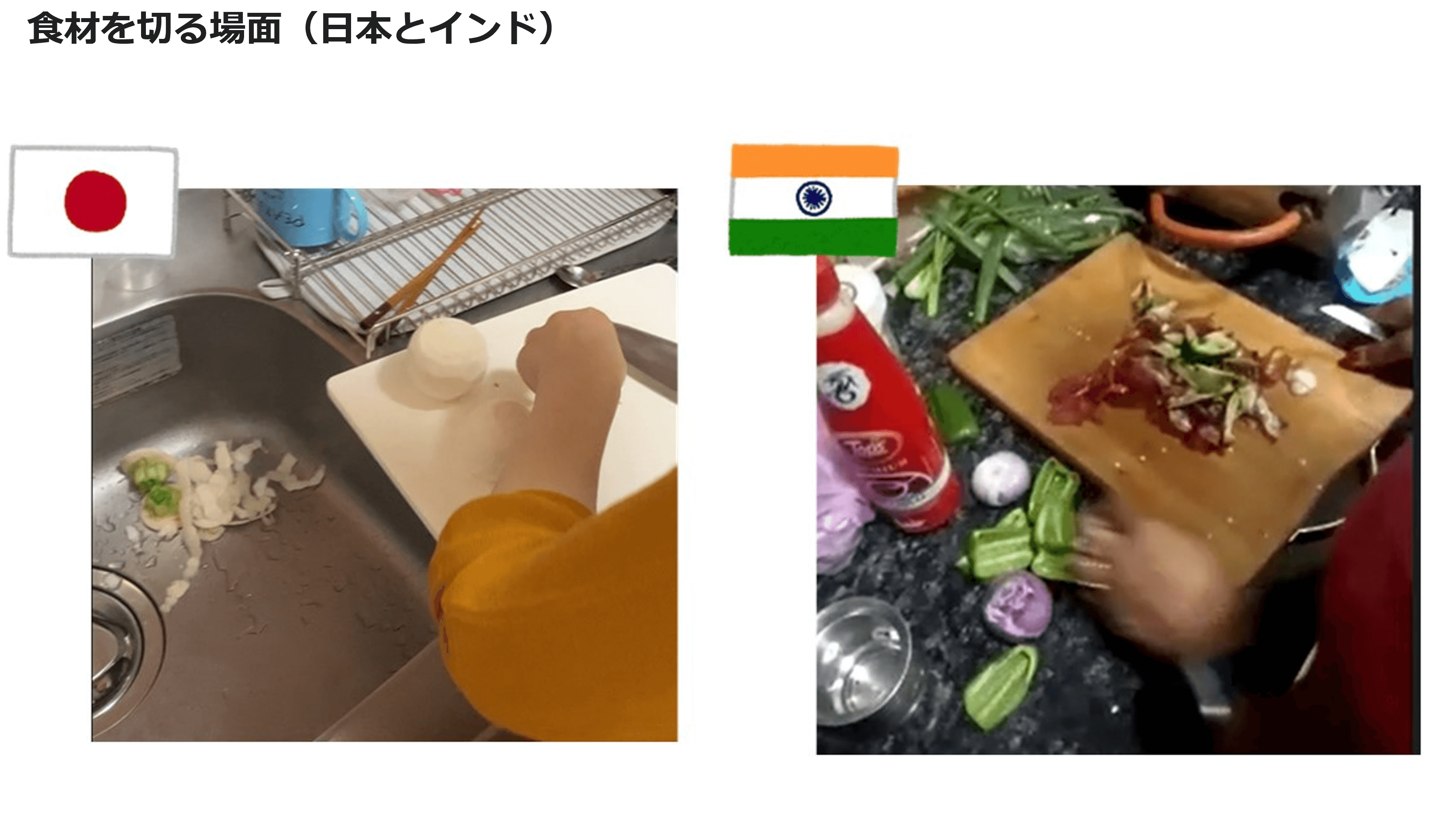 食材を切る場面(日本とインド)