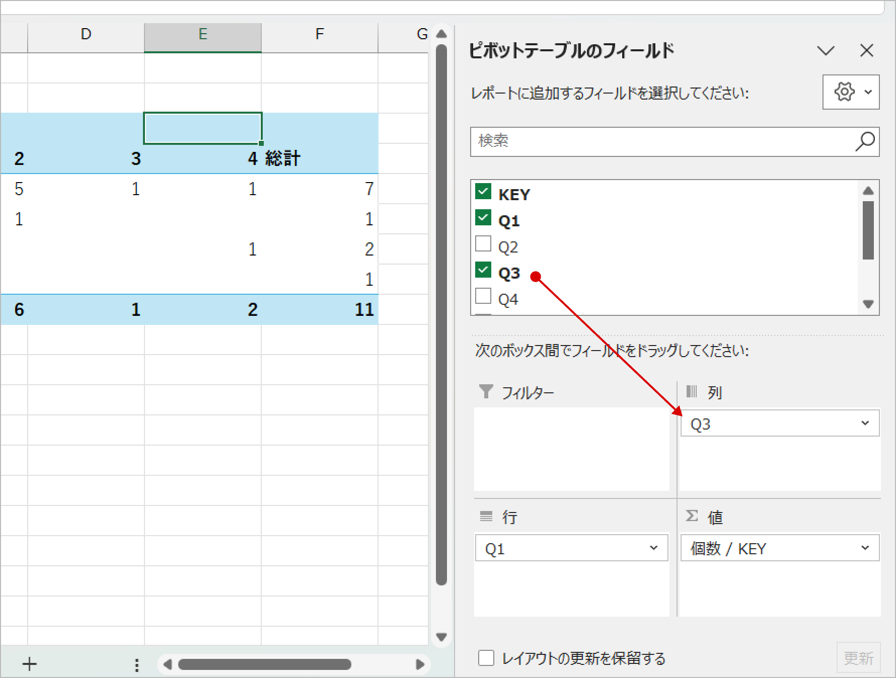 Excel ピボットテーブル作成手順3：行ラベルと列ラベルに項目をドラッグ＆ドロップする設定画面